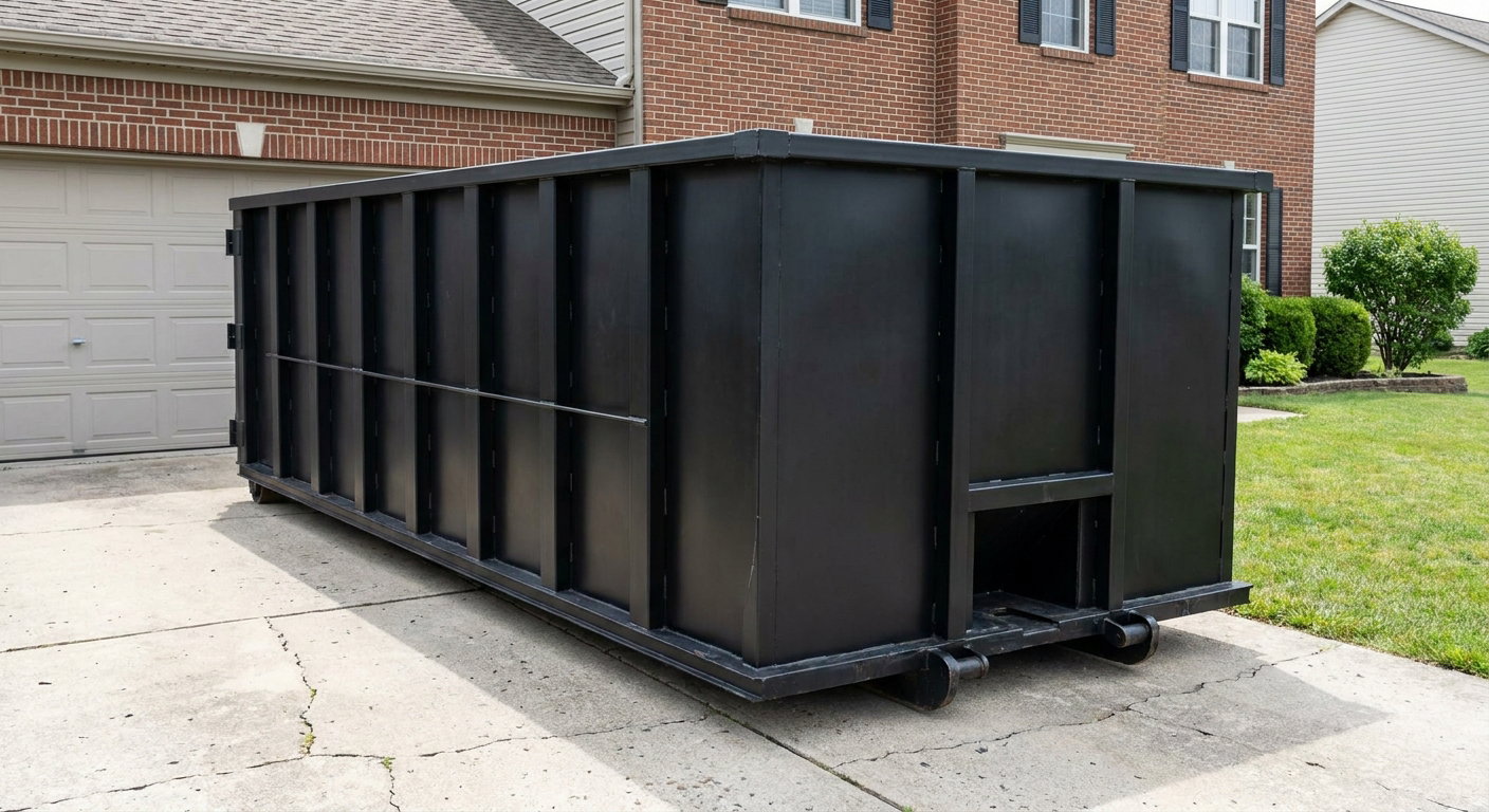 Matte-black 20-yard roll-off container on a Warwick residential concrete driveway with reinforced ribbed steel sidewalls and a hinged rear walk-in door, clean bright daylight.
