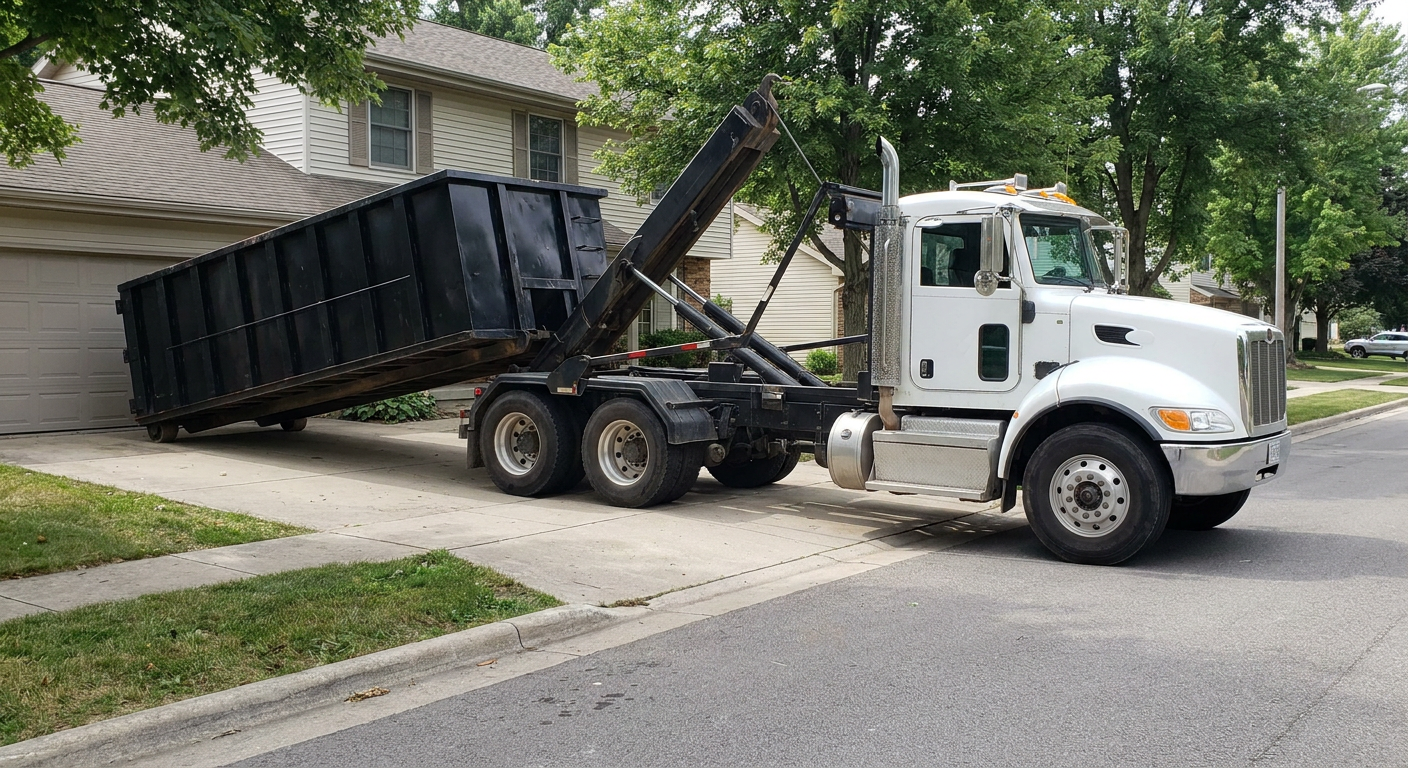 White-cab hooklift roll-off truck actively lowering a matte-black dumpster onto a Warwick residential concrete driveway, the dumpster's rear wheels touching the driveway as the hoist arm tilts the bed forward, mid-morning daylight.