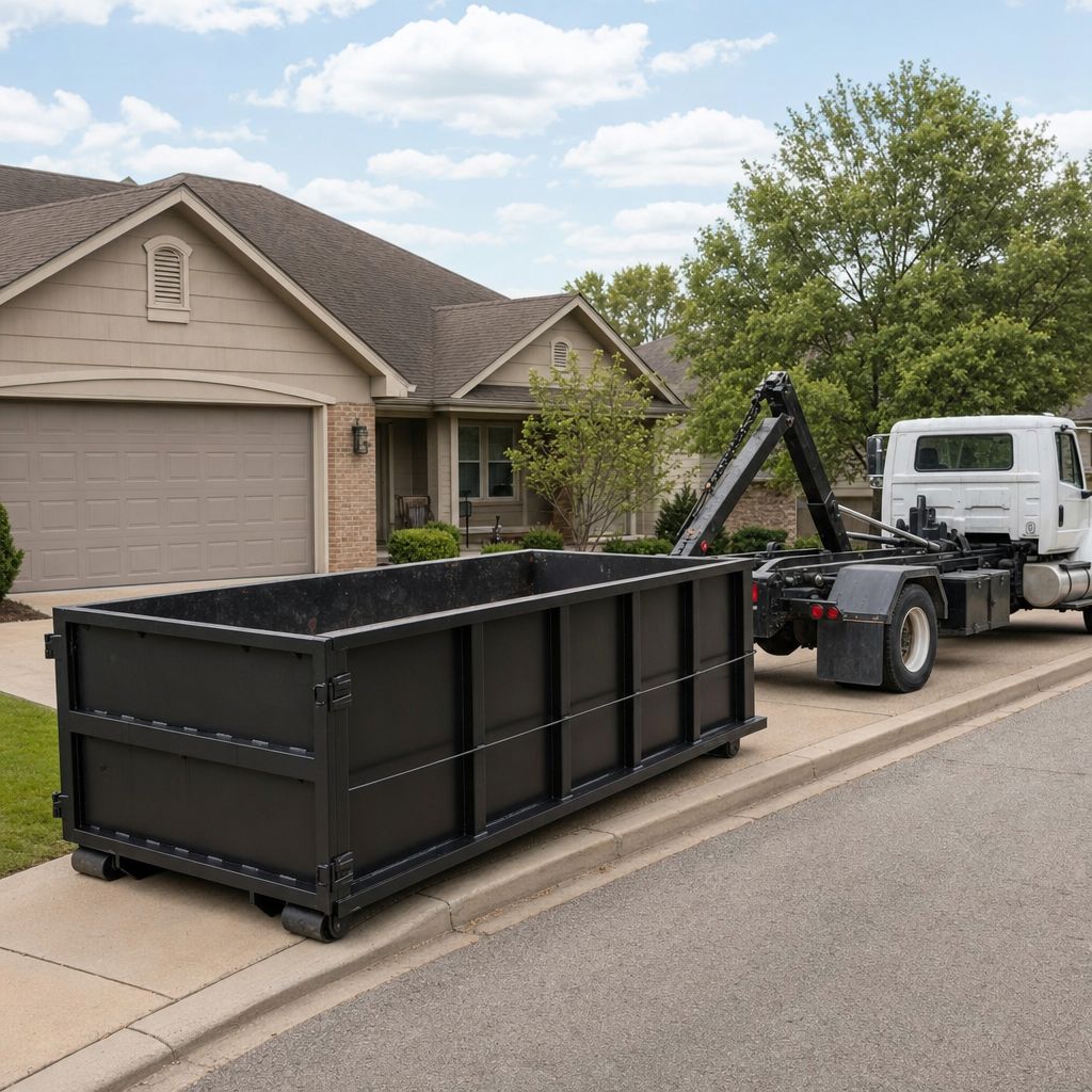 Wide documentary shot of a matte-black roll-off dumpster on a Warwick residential driveway in the foreground and a contractor jobsite container in the soft-focus background, bright daylight, calm and orderly composition.