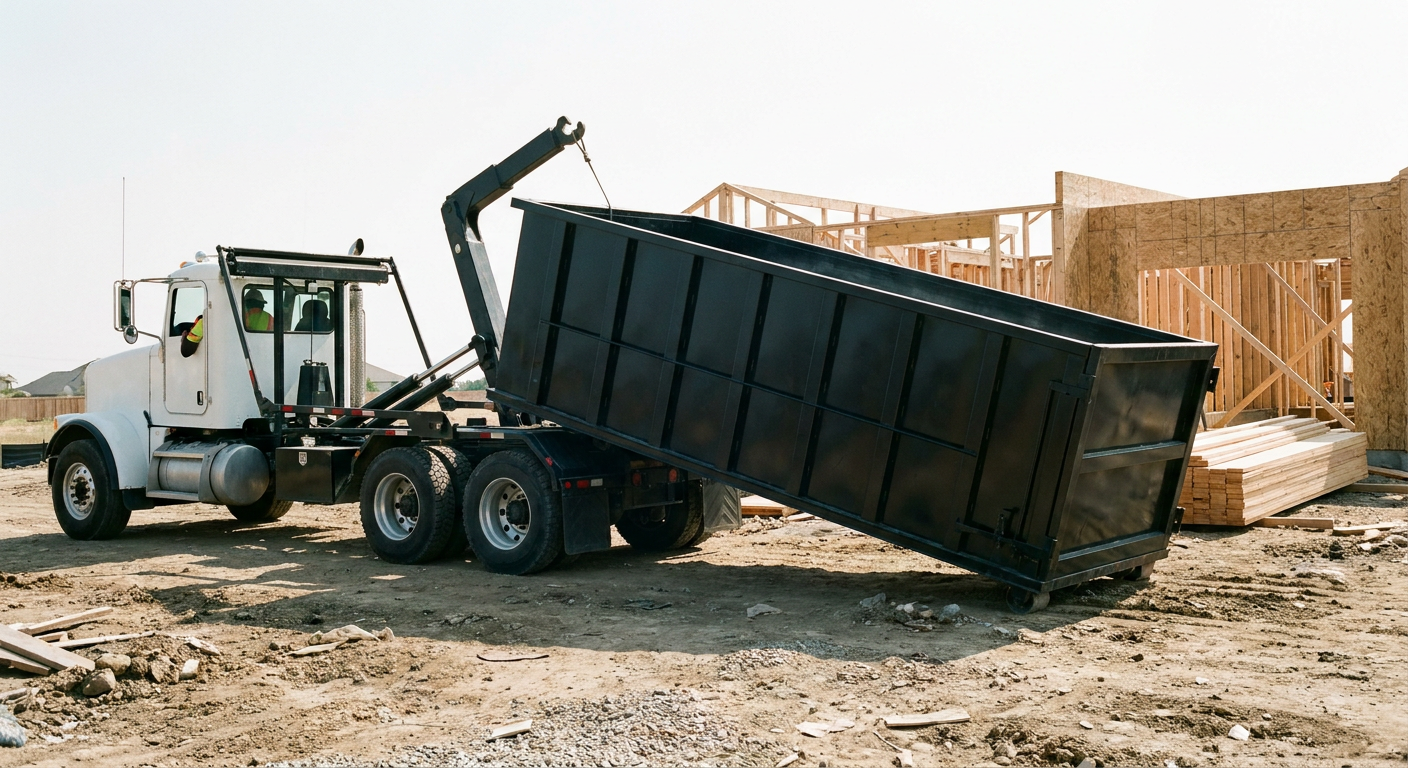 Matte-black roll-off dumpster being delivered onto a clean residential concrete driveway in Warwick by an unmarked white hooklift hauler truck, bright morning daylight, documentary 35mm perspective.